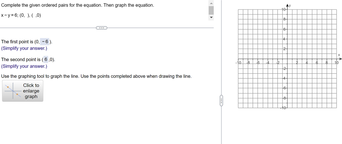 Complete the given ordered pairs for the equation. Then graph the equation.
x−y=6; (0, ), (,0)
The first point is (0, − 6 ).
(Simplify your answer.)
The second point is ( 6,0).
(Simplify your answer.)
Use the graphing tool to graph the line. Use the points completed above when drawing the line.
Click to
enlarge
graph
-10 -8
-6
-4
-2
10-
9⁰
6-
4
₹
2-
2-
-4-
-6-
--8-
10
6
8
X
10