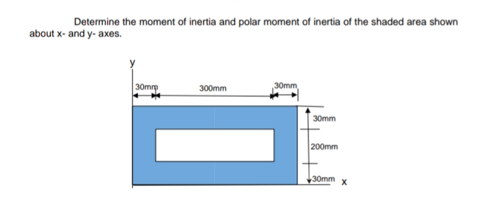 Determine the moment of inertia and polar moment of inertia of the shaded area shown
about x- and y- axes.
30mm
300mm
30mm
30mm
200mm
30mm
