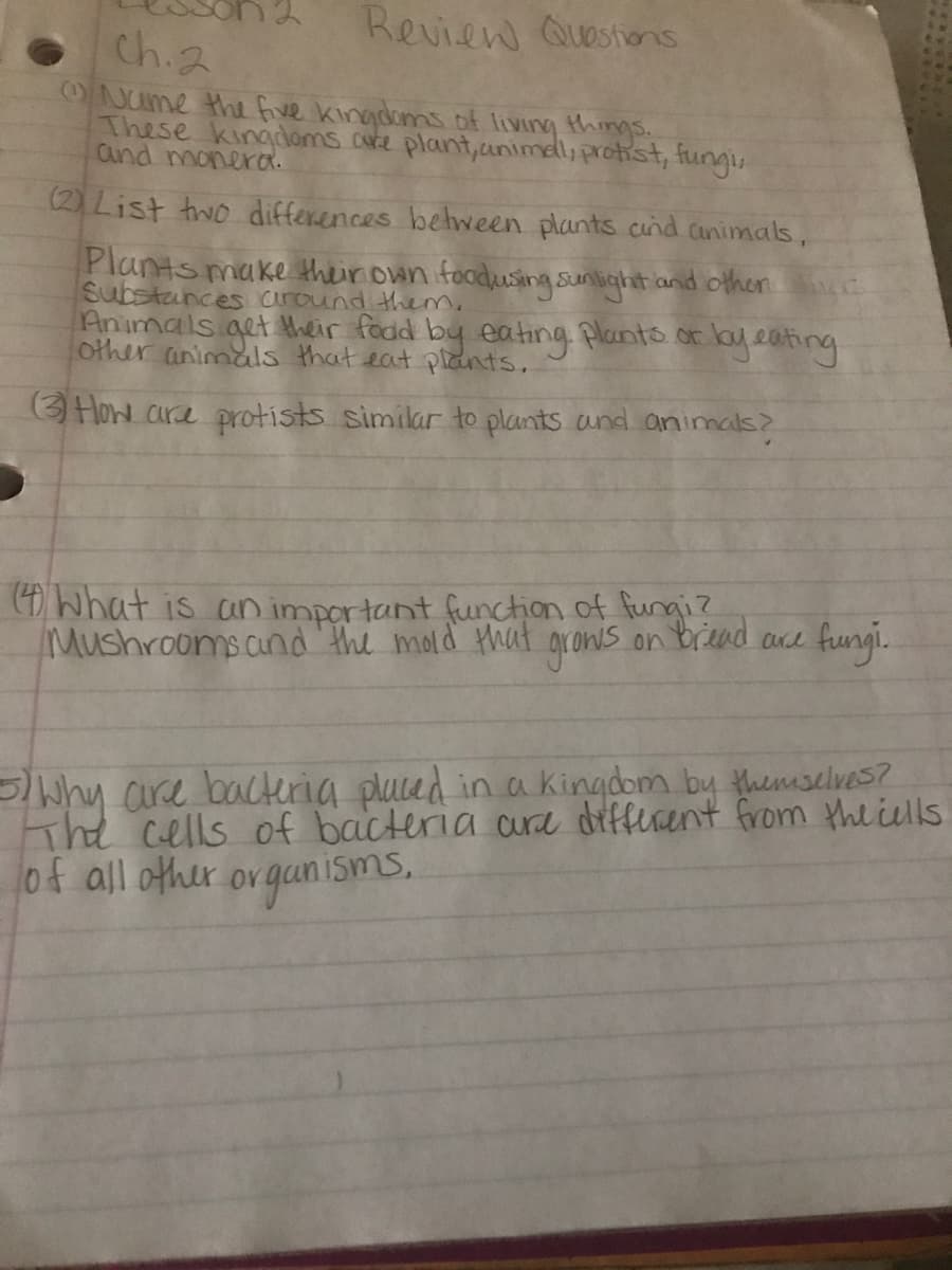 Review Questons
ch.2
ONume the five kingdoms of living things.
These kingdoms are plant,animel, protist, fungis.
Cnd moneX R.
(2) List two differences between plants cnd canimals,
Plants make their own foodusingsunlight and ofthen
Substunces around them,
Animals get their fodd by eating Planto or lyeathing
other animals that eat pants,
(3 How ara protists similar to plants and animals?
(D What is an important function of fungi?
on briead are fungi.
Mushrooms cund the mold thut
grones
Why cure bacteria pluced in a kingdom by themselves?
he cells of bacteria cure diffecent from theiells
of all other orgqunisms.
