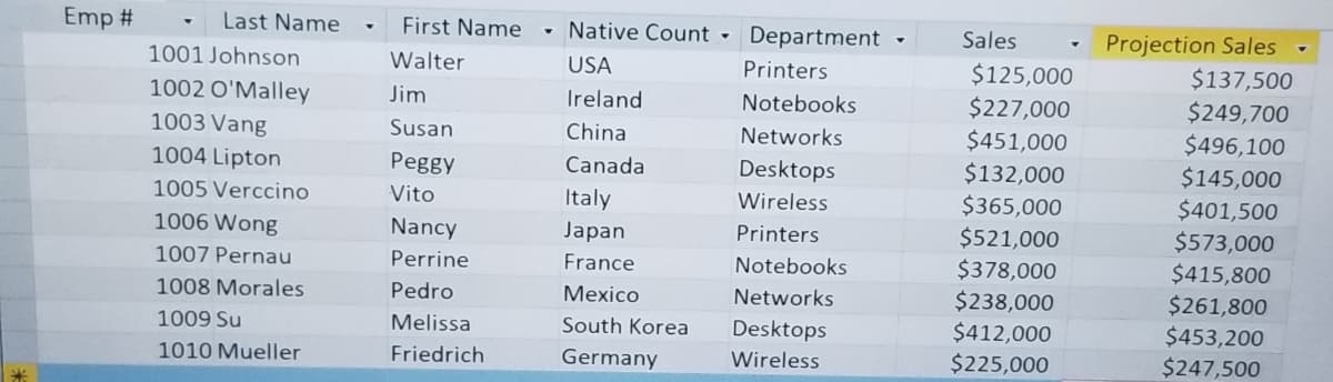 Emp #
Last Name
1001 Johnson
1002 O'Malley
1003 Vang
1004 Lipton
1005 Verccino
1006 Wong
1007 Pernau
1008 Morales
1009 Su
1010 Mueller
First Name
Walter
Jim
Susan
Peggy
Vito
Nancy
Perrine
Pedro
Melissa
Friedrich
▼
Native Count Department -
USA
Ireland
China
Canada
Italy
Japan
France
Mexico
South Korea
Germany
Printers.
Notebooks
Networks
Desktops
Wireless
Printers
Notebooks
Networks
Desktops
Wireless
Sales
$125,000
$227,000
$451,000
$132,000
$365,000
$521,000
$378,000
$238,000
$412,000
$225,000
Projection Sales
$137,500
$249,700
$496,100
$145,000
$401,500
$573,000
$415,800
$261,800
$453,200
$247,500
▼