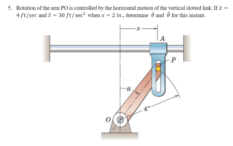 5. Rotation of the arm PO is controlled by the horizontal motion of the vertical slotted link. If x =
4 ft/sec and x = 30 ft/sec² when x = 2 in., determine Ó and Ö for this instant.
0
A
P