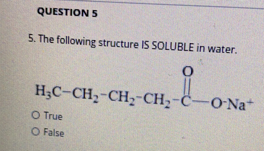 QUESTION 5
5. The following structure IS SOLUBLE in water.
H;C-CH, CH, CH,
ONa
O True
O False
