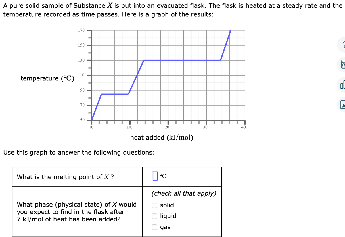 A pure solid sample of Substance X is put into an evacuated flask. The flask is heated at a steady rate and the
temperature recorded as time passes. Here is a graph of the results:
temperature (°C)
170.
150.
130.
110.
90.
70.
50.
0.
10.
What is the melting point of X ?
Use this graph to answer the following questions:
heat added (kJ/mol)
20.
What phase (physical state) of X would
you expect to find in the flask after
7 kJ/mol of heat has been added?
°℃
30.
(check all that apply)
solid
liquid
gas
40.
F
d
A