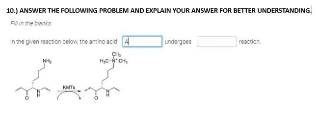 10.) ANSWER THE FOLLOWING PROBLEM AND EXPLAIN YOUR ANSWER FOR BETTER UNDERSTANDING.
Fill in the blanks
In the given reaction below, the amino acid A
CH₂
H₂C-N* CH₂
NH₂
KMTS
undergoes
reaction.