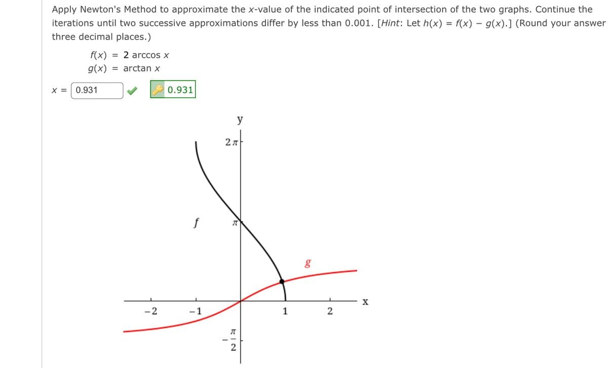 Apply Newton's Method to approximate the x-value of the indicated point of intersection of the two graphs. Continue the
iterations until two successive approximations differ by less than 0.001. [Hint: Let h(x) = f(x) = g(x).] (Round your answer
three decimal places.)
X =
f(x) = 2 arccos X
g(x) = arctan x
0.931
-2
0.931
f
1
y
2πF
77
KIN
1
g
2
X