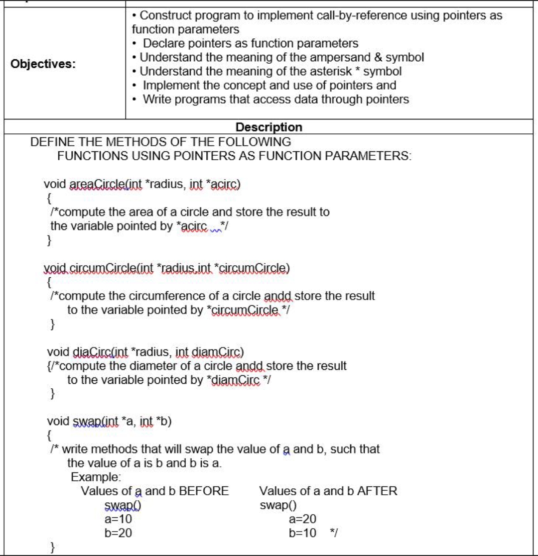 • Construct program to implement call-by-reference using pointers as
function parameters
• Declare pointers as function parameters
• Understand the meaning of the ampersand & symbol
• Understand the meaning of the asterisk * symbol
Implement the concept and use of pointers and
Write programs that access data through pointers
Objectives:
Description
DEFINE THE METHODS OF THE FOLLOWING
FUNCTIONS USING POINTERS AS FUNCTION PARAMETERS:
void areaCircle(int *radius, int *acire)
{
*compute the area of a circle and store the result to
the variable pointed by *acirc /
}
Koid circumCircle(int "radius.int "circunmCircle)
{
*compute the circumference of a circle andd store the result
to the variable pointed by *circumCircle */
}
void diaCirc(int *radius, int diamCirc)
{/*compute the diameter of a circle andd store the result
to the variable pointed by *diamCirc */
}
void swaplint *a, int *b)
{
/* write methods that will swap the value of a and b, such that
the value of a is b and b is a.
Example:
Values of a and b BEFORE
Swap)
а-10
b=20
Values of a and b AFTER
swap()
a=20
b=10
*/
}
