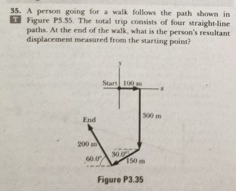 35. A person going for a walk follows the path shown in
T Figure P3.35. The total trip consists of four straight-line
paths. At the end of the walk, what is the person's resultant
displacement measured from the starting point?
Start 100 m
300 m
End
200 m
30.0
150 m
60.0°
Figure P3.35
