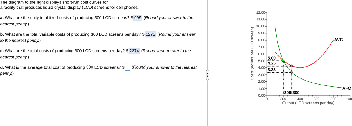 The diagram to the right displays short-run cost curves for
a facility that produces liquid crystal display (LCD) screens for cell phones.
a. What are the daily total fixed costs of producing 300 LCD screens? $999 (Round your answer to the
nearest penny.)
b. What are the total variable costs of producing 300 LCD screens per day? $ 1275 (Round your answer
to the nearest penny.)
c. What are the total costs of producing 300 LCD screens per day? $ 2274 (Round your answer to the
nearest penny.)
d. What is the average total cost of producing 300 LCD screens? $
penny.)
(Round your answer to the nearest
Costs (dollars per LCD screen)
12.00-
11.00-
10.00-
9.00-
8.00-
7.00-
6.00-
5.00
4.00-
3.00-
2.00-
5.00
4.25
3.33
….....
1.00-
0.00+
0
200:300
AVC
400
600
200
800
Output (LCD screens per day)
AFC
▬▬▬▬▬▬▬▬▬▬▬▬▬▬▬▬▬
100