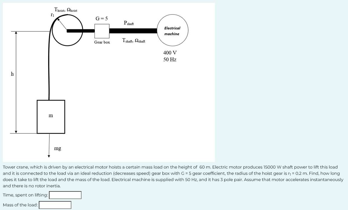 h
Thoist, hoist
1₁
m
mg
G=5
Gear box
Pshaft
Ishaft, Pshaft
Electrical
machine
400 V
50 Hz
Tower crane, which is driven by an electrical motor hoists a certain mass load on the height of 60 m. Electric motor produces 15000 W shaft power to lift this load
and it is connected to the load via an ideal reduction (decreases speed) gear box with G = 5 gear coefficient, the radius of the hoist gear is ₁ = 0.2 m. Find, how long
does it take to lift the load and the mass of the load. Electrical machine is supplied with 50 Hz, and it has 3 pole pair. Assume that motor accelerates instantaneously
and there is no rotor inertia.
Time, spent on lifting:
Mass of the load: