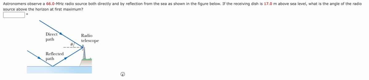 Astronomers observe a 66.0-MHz radio source both directly and by reflection from the sea as shown in the figure below. If the receiving dish is 17.0 m above sea level, what is the angle of the radio
source above the horizon at first maximum?
O
Direct
path
Reflected
path
0
Radio
telescope