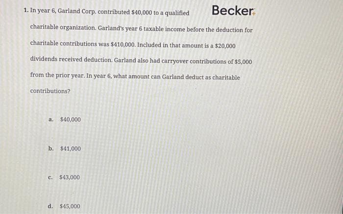 1. In year 6, Garland Corp. contributed $40,000 to a qualified
Becker
charitable organization. Garland's year 6 taxable income before the deduction for
charitable contributions was $410,000. Included in that amount is a $20,000
dividends received deduction. Garland also had carryover contributions of $5,000
from the prior year. In year 6, what amount can Garland deduct as charitable
contributions?
a. $40,000
b. $41,000
c. $43,000
d. $45,000
