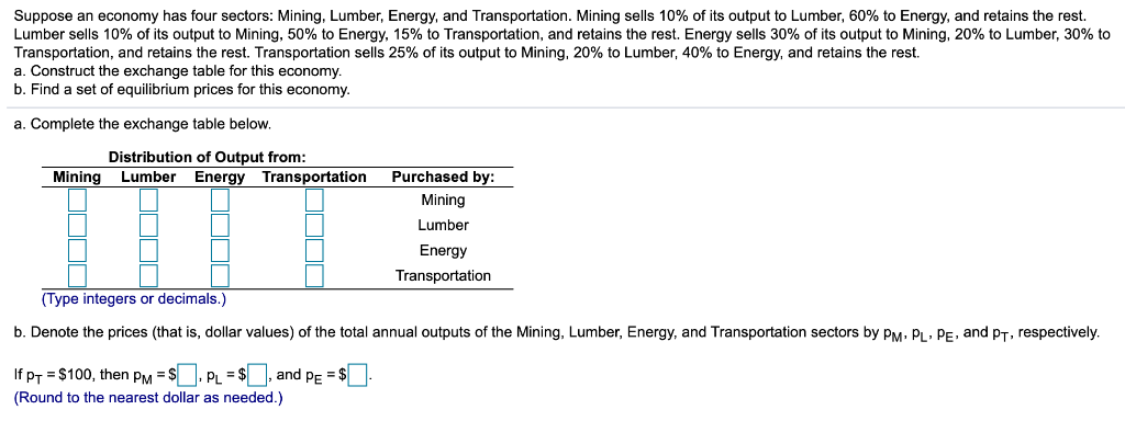Suppose an economy has four sectors: Mining, Lumber, Energy, and Transportation. Mining sells 10% of its output to Lumber, 60% to Energy, and retains the rest.
Lumber sells 10% of its output to Mining, 50% to Energy, 15% to Transportation, and retains the rest. Energy sells 30% of its output to Mining, 20% to Lumber, 30% to
Transportation, and retains the rest. Transportation sells 25% of its output to Mining, 20% to Lumber, 40% to Energy, and retains the rest.
a. Construct the exchange table for this economy.
b. Find a set of equilibrium prices for this economy.
a. Complete the exchange table below.
Distribution of Output from:
Mining Lumber Energy Transportation
Purchased by:
Mining
Lumber
If PT = $100, then PM = $. PL = $, and PE = $.
(Round to the nearest dollar as needed.)
Energy
Transportation
(Type integers or decimals.)
b. Denote the prices (that is, dollar values) of the total annual outputs of the Mining, Lumber, Energy, and Transportation sectors by PM, PL, PE, and PT, respectively.