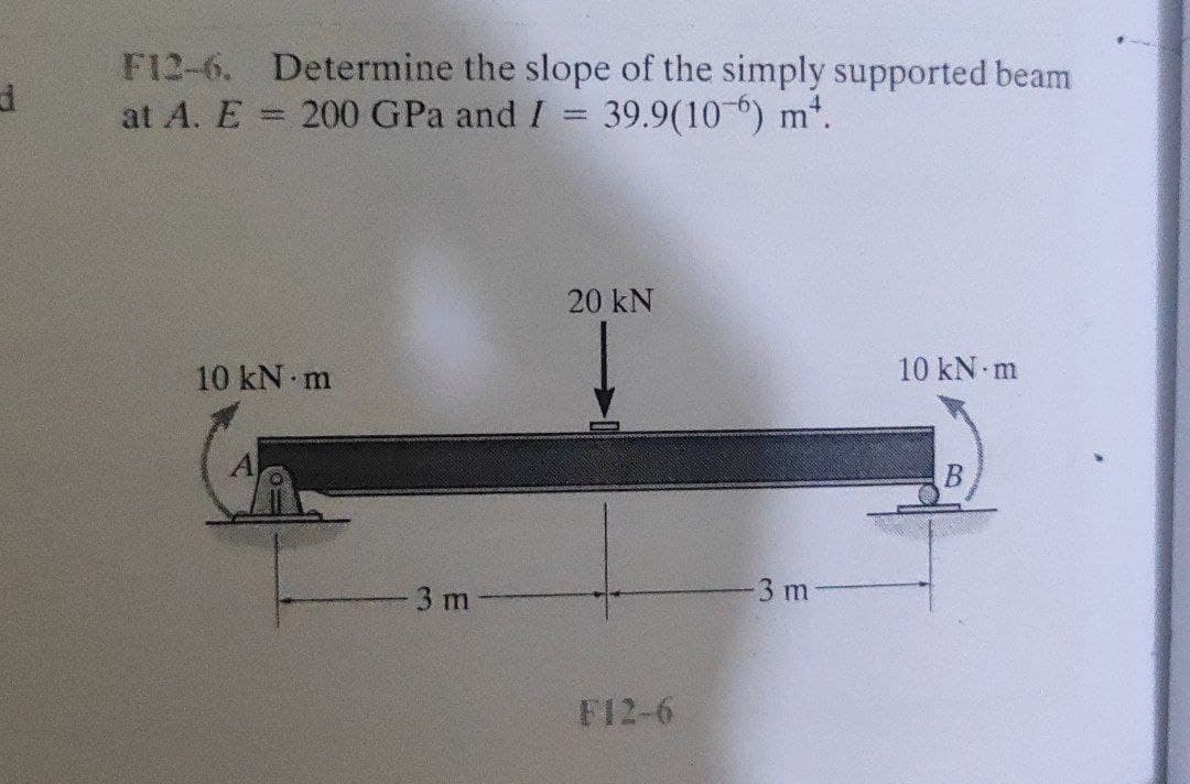F12-6. Determine the slope of the simply supported beam
at A. E 200 GPa and I = 39.9(10) m*.
DERATIO
20 kN
10 kN m
10 kN m
B
3 m
F12-6
-3 m