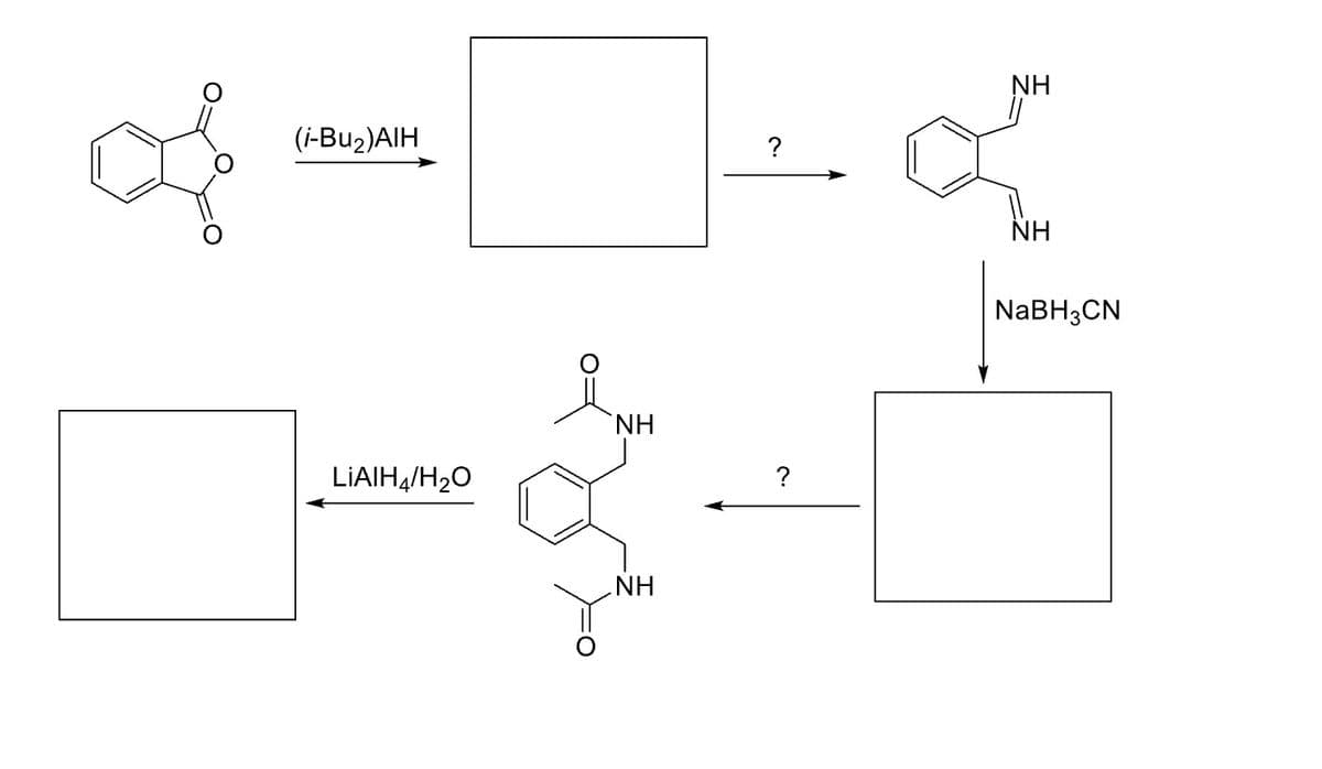 *-=-*
(i-Bu₂) AIH
LIAIH4/H₂O
NH
NH
?
?
NH
NH
NaBH3CN