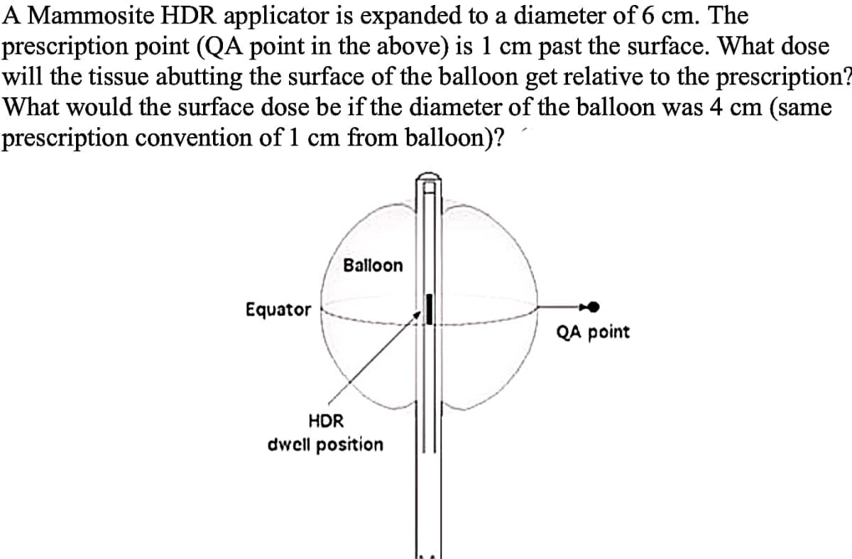 A Mammosite HDR applicator is expanded to a diameter of 6 cm. The
prescription point (QA point in the above) is 1 cm past the surface. What dose
will the tissue abutting the surface of the balloon get relative to the prescription?
What would the surface dose be if the diameter of the balloon was 4 cm (same
prescription convention of 1 cm from balloon)?
Balloon
Equator
QA point
HDR
dwell position
