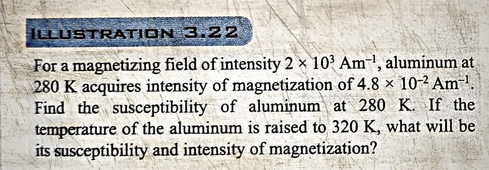 ILLUSTRATION
3.22
For a magnetizing field of intensity 2 x 103 Am-¹, aluminum at
280 K acquires intensity of magnetization of 4.8 × 10-² Am-¹.
Find the susceptibility of aluminum at 280 K. If the
temperature of the aluminum is raised to 320 K, what will be
its susceptibility and intensity of magnetization?