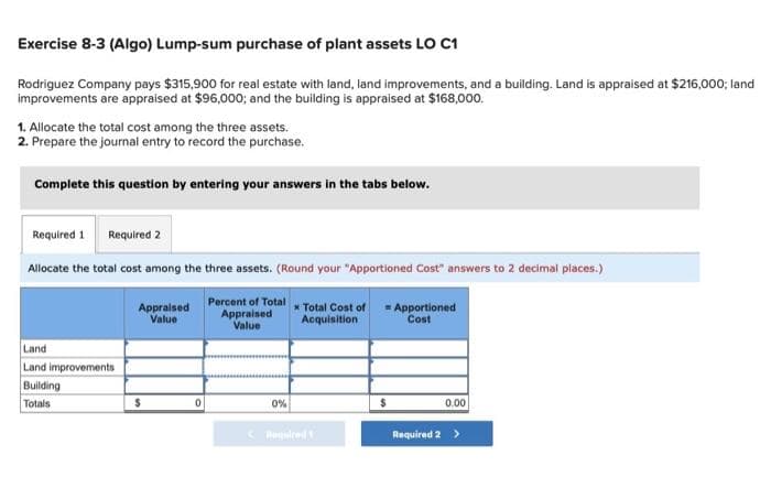 Exercise 8-3 (Algo) Lump-sum purchase of plant assets LO C1
Rodriguez Company pays $315,900 for real estate with land, land improvements, and a building. Land is appraised at $216,000; land
improvements are appraised at $96,000; and the building is appraised at $168,000.
1. Allocate the total cost among the three assets.
2. Prepare the journal entry to record the purchase.
Complete this question by entering your answers in the tabs below.
Required 1 Required 2
Allocate the total cost among the three assets. (Round your "Apportioned Cost" answers to 2 decimal places.)
Percent of Total Total Cost of
Appraised
Acquisition
Value
Land
Land improvements
Building
Totals
Appraised
Value
$
0
0%
Required
= Apportioned
Cost
$
Required 2
0.00