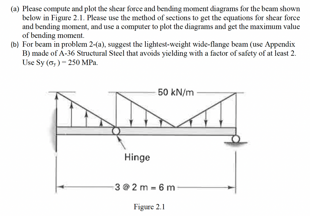 (a) Please compute and plot the shear force and bending moment diagrams for the beam shown
below in Figure 2.1. Please use the method of sections to get the equations for shear force
and bending moment, and use a computer to plot the diagrams and get the maximum value
of bending moment.
(b) For beam in problem 2-(a), suggest the lightest-weight wide-flange beam (use Appendix
B) made of A-36 Structural Steel that avoids yielding with a factor of safety of at least 2.
Use Sy (σy)=250 MPa.
Hinge
50 kN/m
3@2m 6 m
Figure 2.1