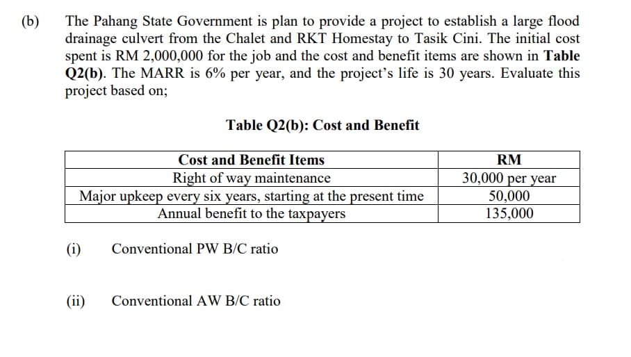 (b)
The Pahang State Government is plan to provide a project to establish a large flood
drainage culvert from the Chalet and RKT Homestay to Tasik Cini. The initial cost
spent is RM 2,000,000 for the job and the cost and benefit items are shown in Table
Q2(b). The MARR is 6% per year, and the project's life is 30 years. Evaluate this
project based on;
Table Q2(b): Cost and Benefit
Cost and Benefit Items
RM
Right of way maintenance
Major upkeep every six years, starting at the present time
Annual benefit to the taxpayers
30,000 per year
50,000
135,000
(i)
Conventional PW B/C ratio
(ii)
Conventional AW B/C ratio
