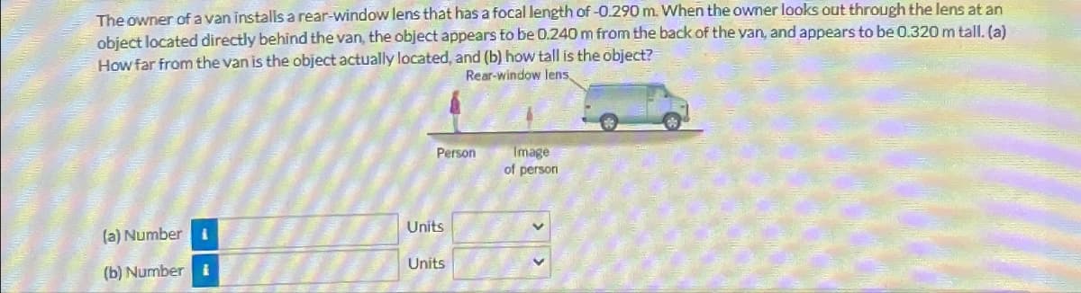 The owner of a van installs a rear-window lens that has a focal length of -0.290 m. When the owner looks out through the lens at an
object located directly behind the van, the object appears to be 0.240 m from the back of the van, and appears to be 0.320 m tall. (a)
How far from the van is the object actually located, and (b) how tall is the object?
Rear-window lens
Person
(a) Number i
Units
(b) Number
Units
Image
of person