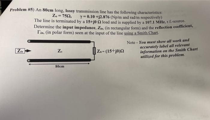 Problem #5) An 80cm long, lossy transmission line has the following characteristics:
Zo = 752,
Y= 0.10 +j2.876 (Np/m and rad/m respectively)
The line is terminated by a 15+j0 Q load and is supplied by a 107.1 MHz, r.f.-source.
Determine the input impedance, Zin. (in rectangular form) and the reflection coefficient,
Tin, (in polar form) seen at the input of the line using a Smith Chart.
Note - You must show all work and
accurately label all relevant
information on the Smith Chart
utilized for this problem.
Zi
Z.
ZR- (15+j0)2
80cm
