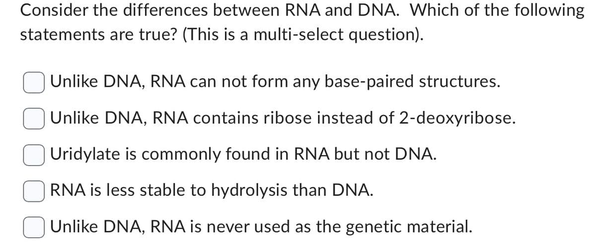 Consider the differences between RNA and DNA. Which of the following
statements are true? (This is a multi-select question).
Unlike DNA, RNA can not form any base-paired structures.
Unlike DNA, RNA contains ribose instead of 2-deoxyribose.
Uridylate is commonly found in RNA but not DNA.
RNA is less stable to hydrolysis than DNA.
Unlike DNA, RNA is never used as the genetic material.