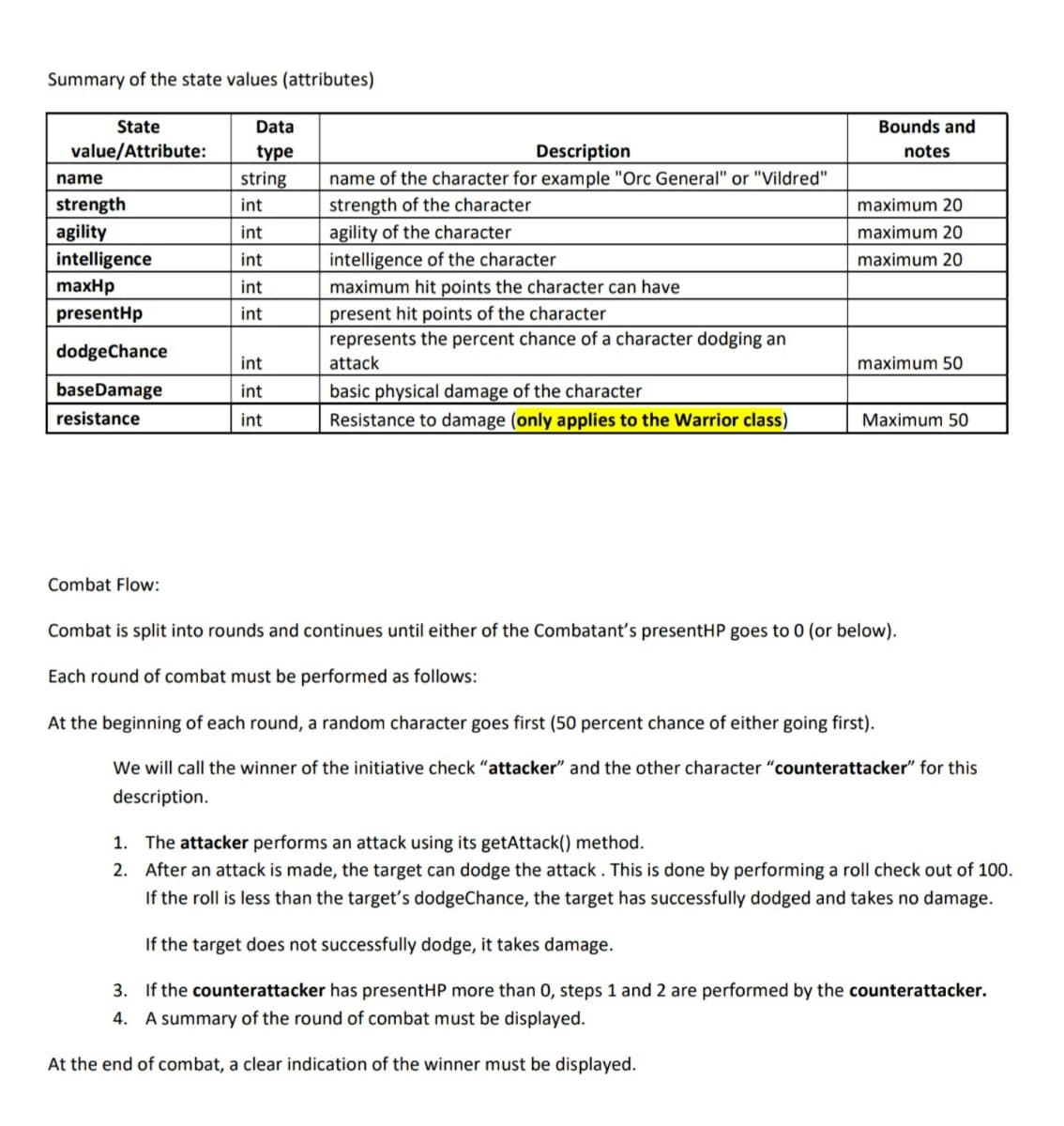 Summary of the state values (attributes)
Data
State
value/Attribute:
type
Bounds and
Description
notes
name
string
name of the character for example "Orc General" or "Vildred"
strength
int
strength of the character.
maximum 20
agility
int
agility of the character
maximum 20
intelligence
int
intelligence of the character
maximum 20
maxHp
int
maximum hit points the character can have
presentHp
int
present hit points of the character
dodgeChance
represents the percent chance of a character dodging an
attack
int
maximum 50
int
basic physical damage of the character
baseDamage
resistance
int
Resistance to damage (only applies to the Warrior class)
Maximum 50
Combat Flow:
Combat is split into rounds and continues until either of the Combatant's presentHP goes to 0 (or below).
Each round of combat must be performed as follows:
At the beginning of each round, a random character goes first (50 percent chance of either going first).
We will call the winner of the initiative check "attacker" and the other character "counterattacker" for this
description.
1. The attacker performs an attack using its getAttack() method.
2. After an attack is made, the target can dodge the attack. This is done by performing a roll check out of 100.
If the roll is less than the target's dodgeChance, the target has successfully dodged and takes no damage.
If the target does not successfully dodge, it takes damage.
3. If the counterattacker has presentHP more than 0, steps 1 and 2 are performed by the counterattacker.
4. A summary of the round of combat must be displayed.
At the end of combat, a clear indication of the winner must be displayed.