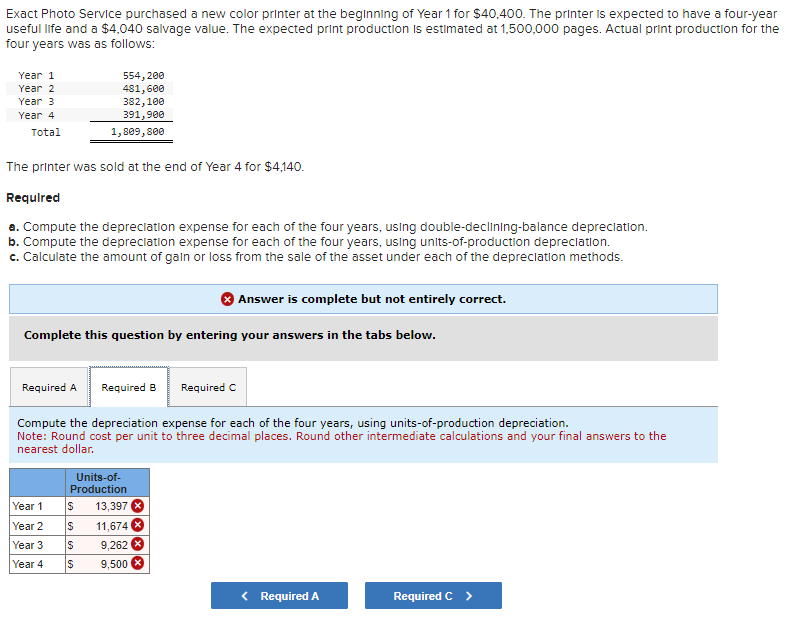 Exact Photo Service purchased a new color printer at the beginning of Year 1 for $40,400. The printer is expected to have a four-year
useful life and a $4,040 salvage value. The expected print production is estimated at 1,500,000 pages. Actual print production for the
four years was as follows:
Year 1
554,200
Year 2
481,600
Year 3
382,100
Year 4
Total
391,900
1,809,800
The printer was sold at the end of Year 4 for $4,140.
Required
a. Compute the depreciation expense for each of the four years, using double-declining-balance depreciation.
b. Compute the depreciation expense for each of the four years, using units-of-production depreciation.
c. Calculate the amount of gain or loss from the sale of the asset under each of the depreciation methods.
Answer is complete but not entirely correct.
Complete this question by entering your answers in the tabs below.
Required A Required B
Required C
Compute the depreciation expense for each of the four years, using units-of-production depreciation.
Note: Round cost per unit to three decimal places. Round other intermediate calculations and your final answers to the
nearest dollar.
Units-of-
Production
Year 1
$
13,397 x
Year 2
$
11,674 ×
Year 3
$
9,262
Year 4
$
9,500 x
< Required A
Required C >