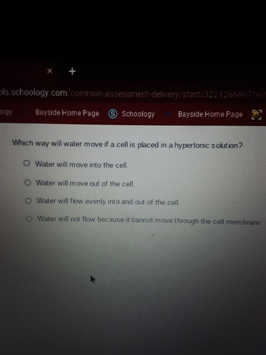 pls.schoology.com/common-assessment-delivery/start/3221266807?ac
logy
Bayside Home Page
S Schoology
Bayside Home Page
Which
way
will water move if a cell is placed in a hypertonic solution?
O Water will move into the cell.
O Water will move out of the cell.
O Water will flow evenly into and out of the cell.
O Water will not flow because it cannot move through the cell membrane
