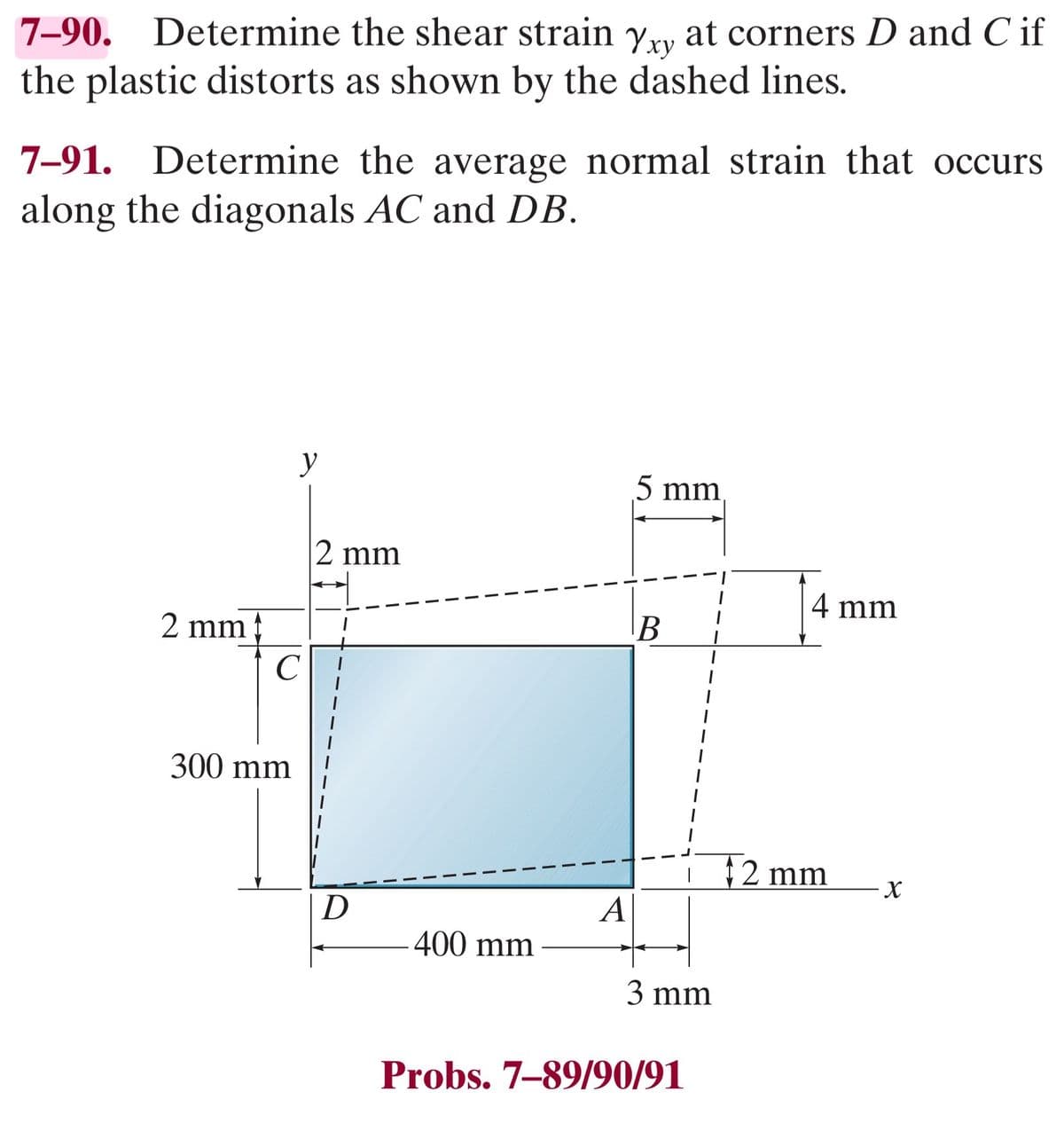 7-90. Determine the shear strain Yxy at corners D and C if
the plastic distorts as shown by the dashed lines.
7-91. Determine the average normal strain that occurs
along the diagonals AC and DB.
2 mm 1
y
C
300 mm
2 mm
D
400 mm
A
5 mm
B
3 mm
Probs. 7-89/90/91
4 mm
2 mm
X