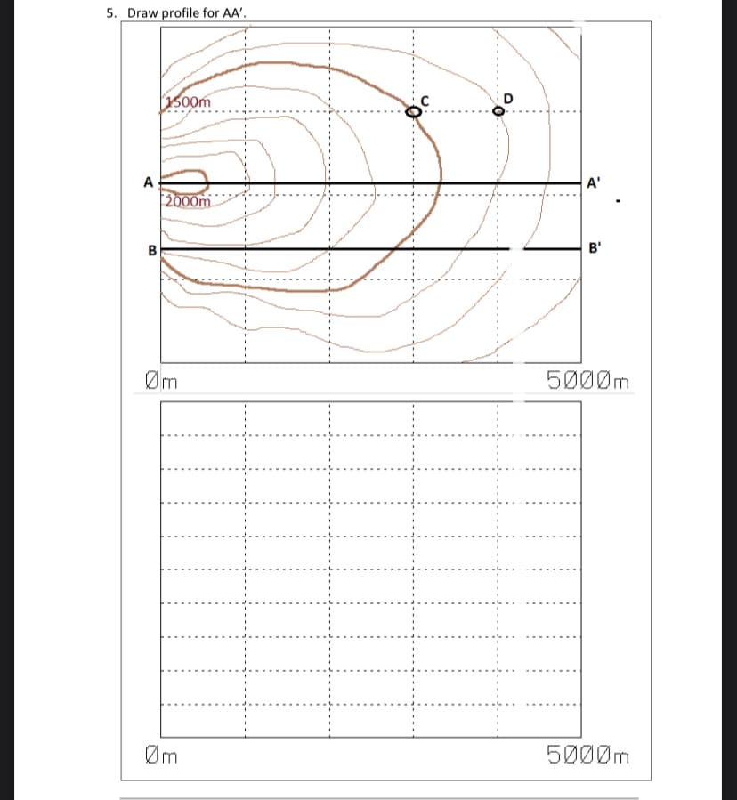 5. Draw profile for AA'.
1500m
D
A
A'
2000m
B
B'
Øm
5000m
Øm
5000m
