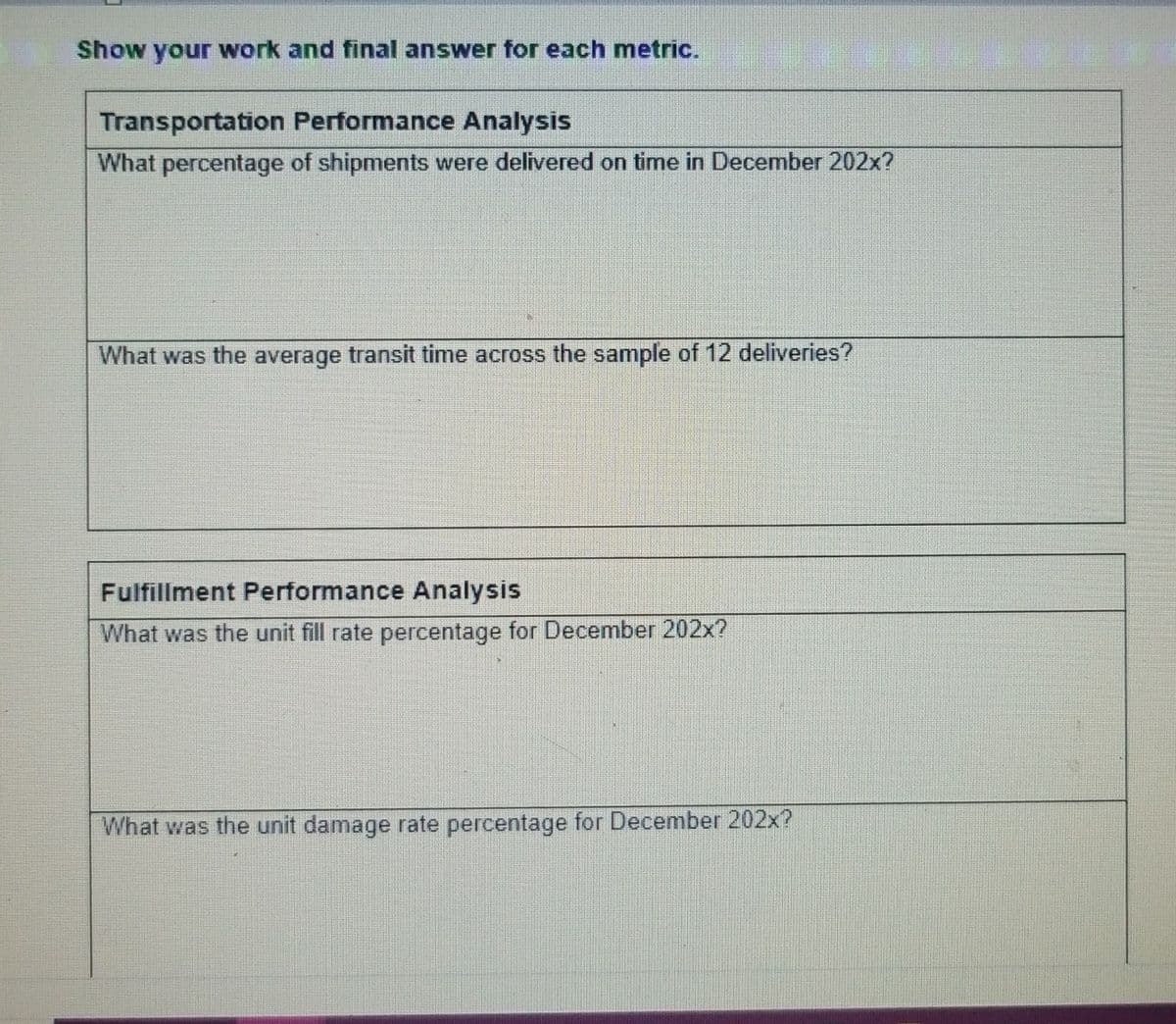 Show your work and final answer for each metric.
Transportation Performance Analysis
What percentage of shipments were delivered on time in December 202x?
What was the average transit time across the sample of 12 deliveries?
Fulfillment Performance Analysis
What was the unit fill rate percentage for December 202x?
What was the unit damage rate percentage for December 202x?
