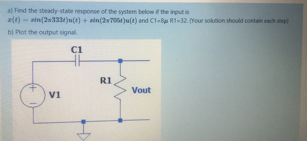 a) Find the steady-state response of the system below if the input is
T(t) = sin(27333t)u(t) + sin(2n705t)u(t) and C1=8µ R1=32. (Your solution should contain each step)
b) Plot the output signal.
C1
R1
Vout
V1
