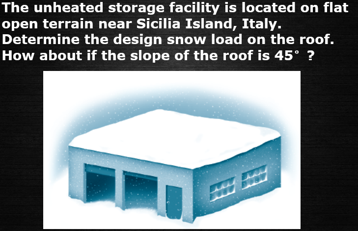 The unheated storage facility is located on flat
open terrain near Sicilia Island, Italy.
Determine the design snow load on the roof.
How about if the slope of the roof is 45° ?
