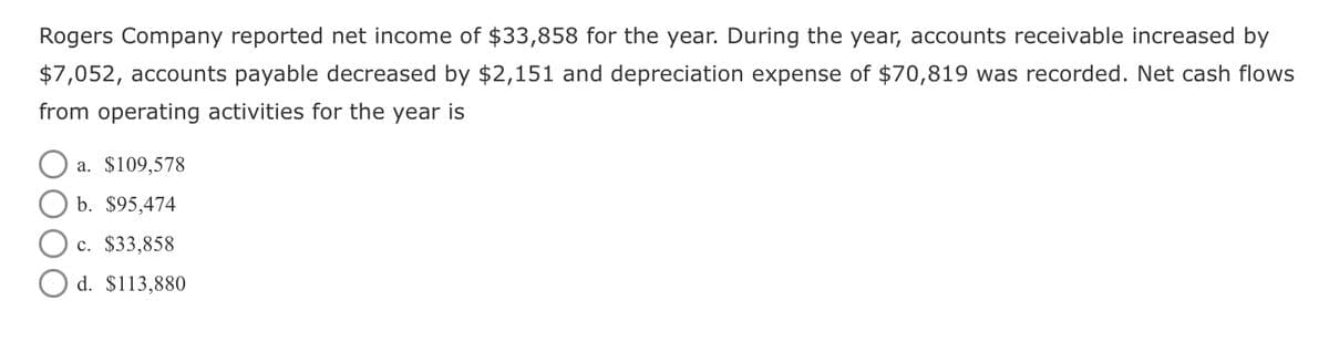 Rogers Company reported net income of $33,858 for the year. During the year, accounts receivable increased by
$7,052, accounts payable decreased by $2,151 and depreciation expense of $70,819 was recorded. Net cash flows
from operating activities for the year is
a. $109,578
b. $95,474
c. $33,858
d. $113,880