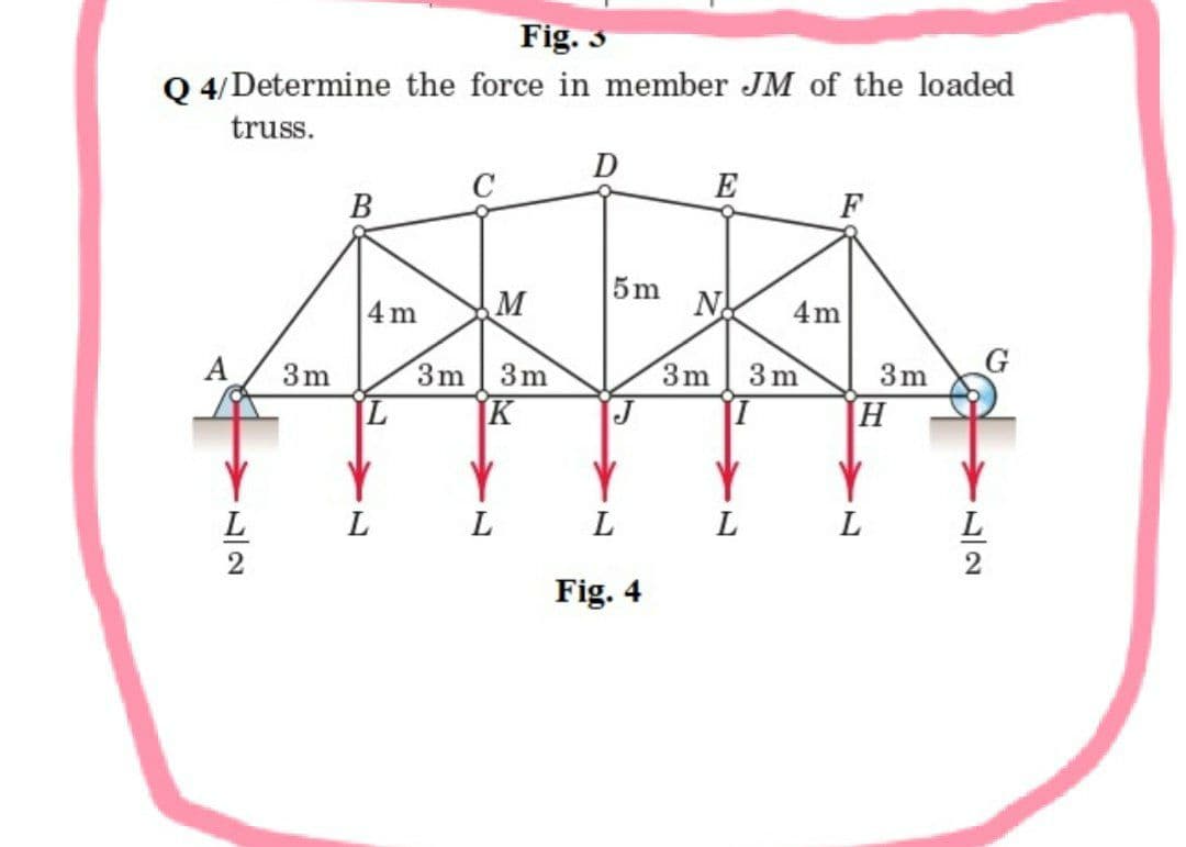 Fig. 3
Q 4/Determine the force in member JM of the loaded
truss.
D
E
В
F
5m
4m
M
4m
A
3m
3m
3m
3m
3 m
3m
K
L
L
L
L
2
Fig. 4
/27
