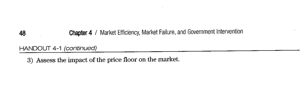 48
Chapter 4 / Market Efficiency, Market Failure, and Government Intervention
HANDOUT 4-1 (continued)
3) Assess the impact of the price floor on the market.
