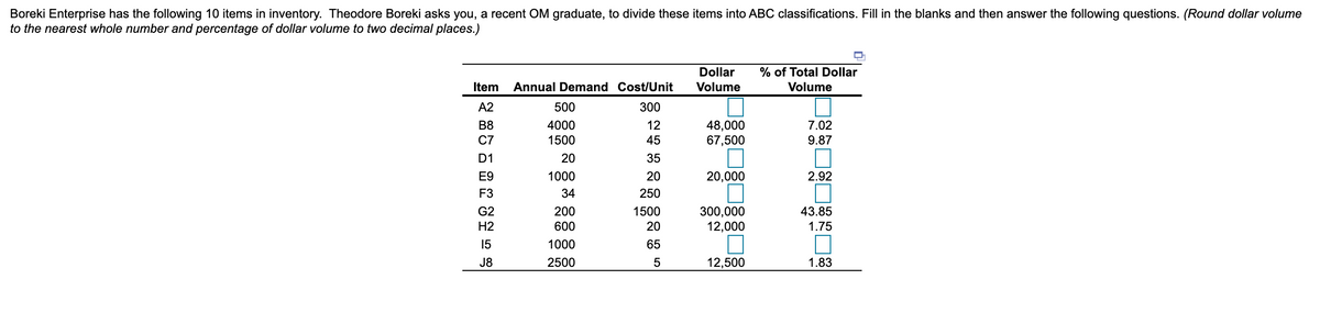 Boreki Enterprise has the following 10 items in inventory. Theodore Boreki asks you, a recent OM graduate, to divide these items into ABC classifications. Fill in the blanks and then answer the following questions. (Round dollar volume
to the nearest whole number and percentage of dollar volume to two decimal places.)
Dollar
% of Total Dollar
Item
Annual Demand Cost/Unit
Volume
Volume
A2
500
300
B8
4000
12
48,000
67,500
7.02
C7
1500
45
9.87
D1
20
35
E9
1000
20
20,000
2.92
F3
34
250
G2
200
1500
300,000
12,000
43.85
Н2
600
20
1.75
15
1000
65
J8
2500
12,500
1.83
