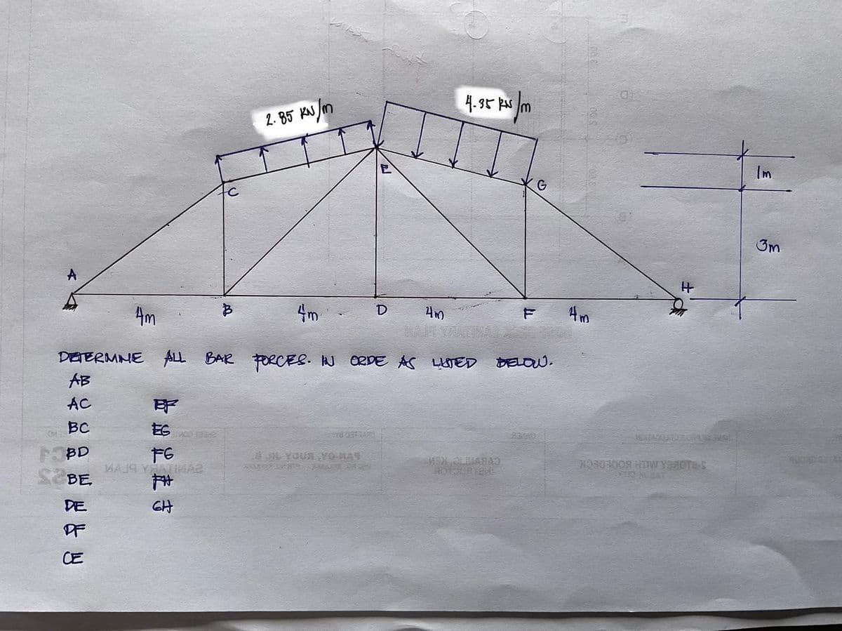 4.
2. 85 KN/m
Im
G
3m
Am
4m
D
4m
DETERMNE ALL BAR FORCES. N ORDE AS LeTED DELOW.
AB
AC
中
BC
ES
BD
FG
.L YOUR YO NAY
NA30100R HUW YROTES
MAJA YATIA2
BE
DE
GH
CE
