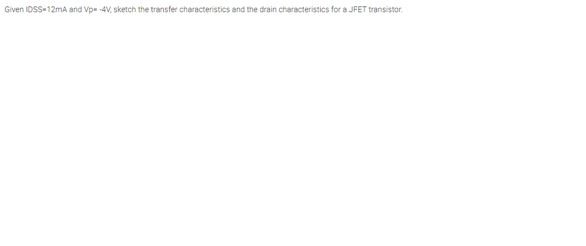Given IDSS=12mA and Vp= -4V, sketch the transfer characteristics and the drain characteristics for a JFET transistor.
