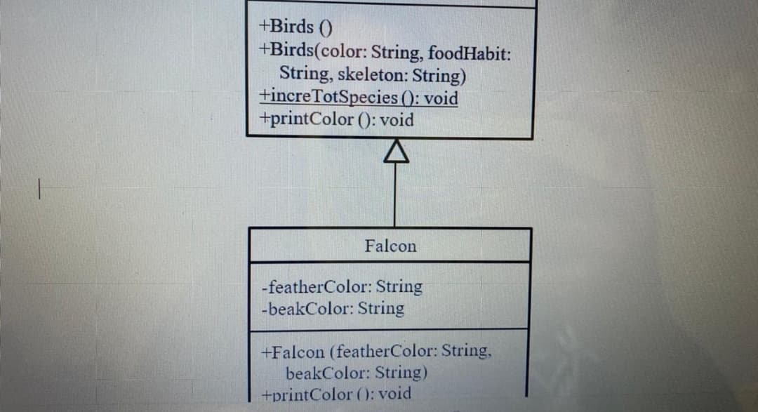 +Birds ()
+Birds(color: String, foodHabit:
String, skeleton: String)
+increTotSpecies (): void
+printColor (): void
Falcon
-featherColor: String
-beakColor: String
+Falcon (featherColor: String,
beakColor: String)
+printColor ): void
