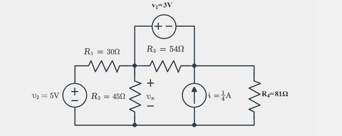 U₂ = 5V
+
R₁ = 300
R2 = 450
V₁=3V
+
R3
+
Ux
= 540
↑
i = A
>R4=8192