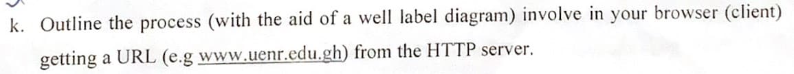k. Outline the process (with the aid of a well label diagram) involve in your browser (client)
getting a URL (e.g www.uenr.edu.gh) from the HTTP server.
