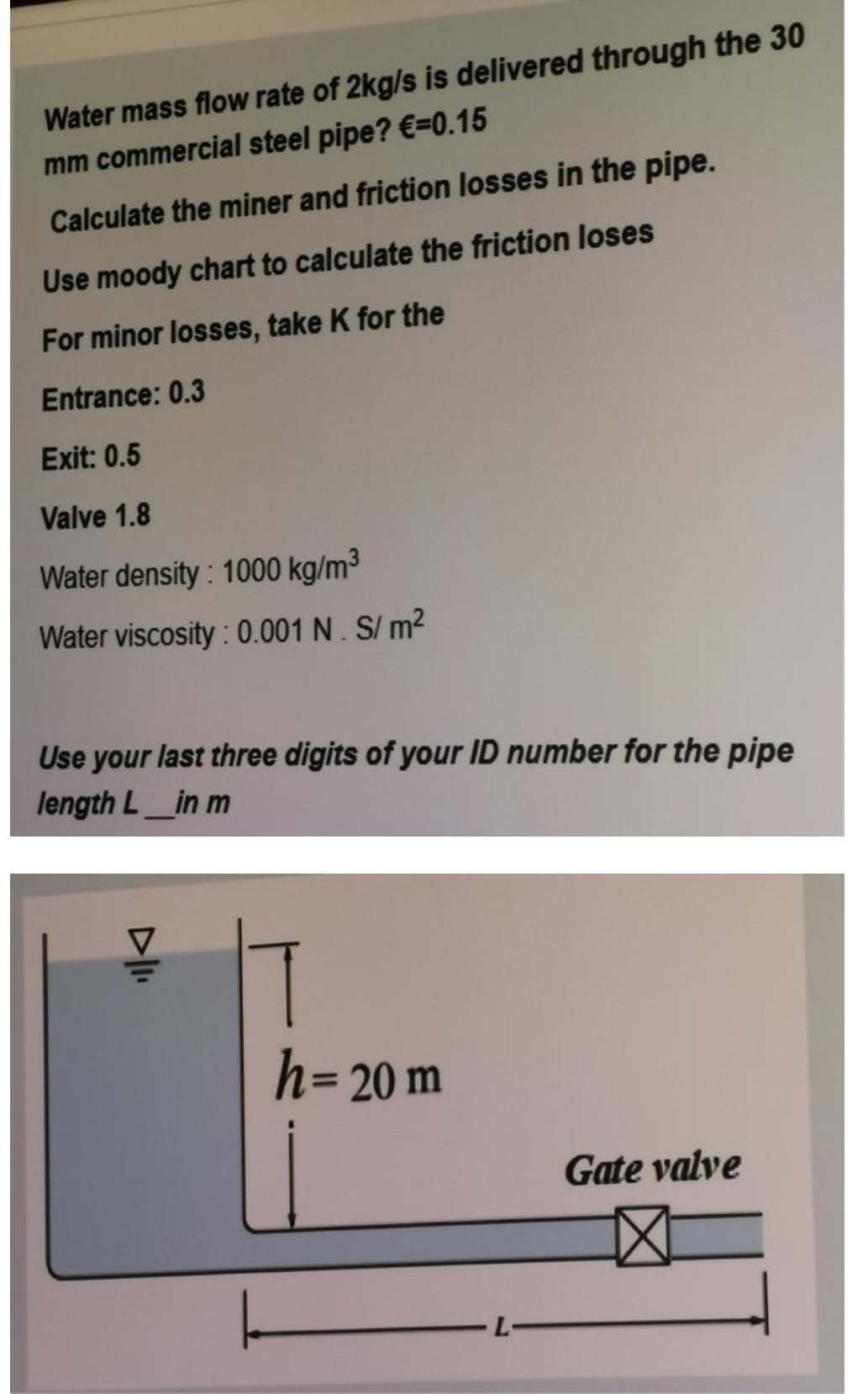 Water mass flow rate of 2kg/s is delivered through the 30
mm commercial steel pipe? €=0.15
Calculate the miner and friction losses in the pipe.
Use moody chart to calculate the friction loses
For minor losses, take K for the
Entrance: 0.3
Exit: 0.5
Valve 1.8
Water density : 1000 kg/m³
Water viscosity : 0.001 N . S/ m²
Use your last three digits of your ID number for the pipe
length L_in m
h=20 m
%3D
Gate valve
