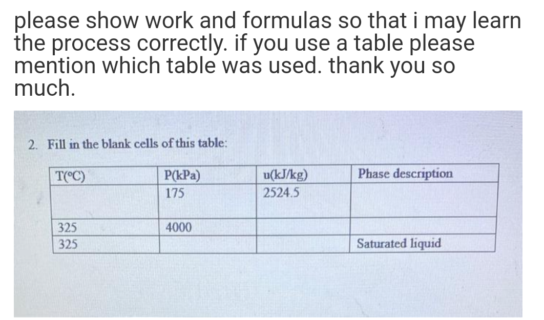 please show work and formulas so that i may learn
the process correctly. if you use a table please
mention which table was used. thank you so
much.
2. Fill in the blank cells of this table:
T( C)
P(kPa)
u(kJ/kg)
Phase description
175
2524.5
325
4000
325
Saturated liquid
