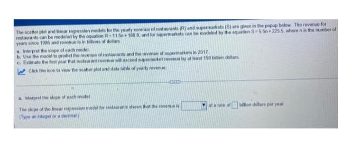 The scatter plot and linear regression models for the yearly revenue of restaurants (R) and supermarkets (S) are given in the popup below. The revenue for
restaurants can be modeled by the equation R 11.5n+180.0, and for supermarkets can be modeled by the equation S-5.5n+225.5, where n is the number of
years since 1986 and revenue is in billions of dollars
a. Interpret the slope of each model
b. Use the model to predict the revenue of restaurants and the revenue of supermarkets in 2017
c. Estimate the first year that restaurant revenue will exceed supermarket revenue by at least 150 billion dollars.
Click the icon to view the scatter plot and data table of yearly revenue
CORED
a. Interpret the slope of each model
The slope of the linear regression model for restaurants shows that the revenue is
at a rate of billion dollars per year.
(Type an integer or a decimal)