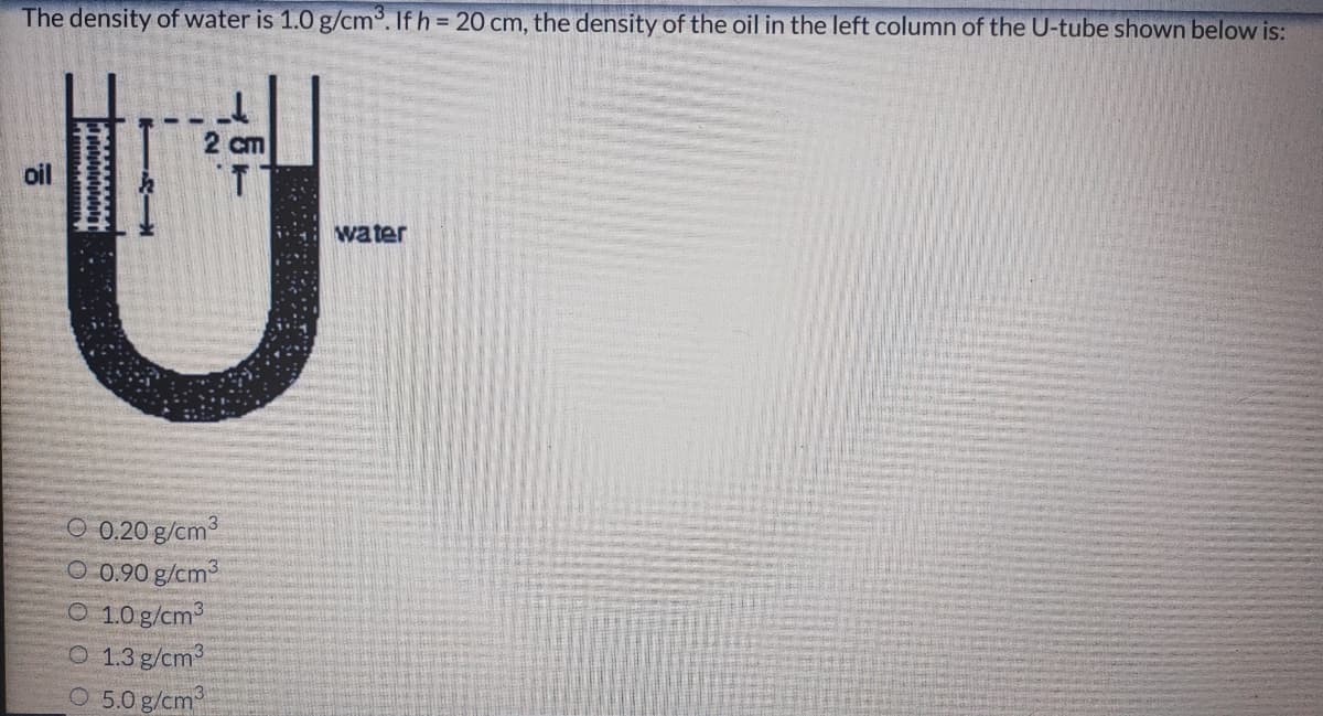The density of water is 1.0 g/cm°. If h = 20 cm, the density of the oil in the left column of the U-tube shown below is:
2 cm
oil
1.
water
O 0.20 g/cm?
O 0.90 g/cm
O 1.0 g/cm
O 1.3 g/cm
O 5.0 g/cm
