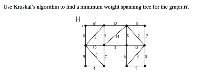 Use Kruskal's algorithm to find a minimum weight spanning tree for the graph H.
H
12
V
8
14
K
3
9
8
10
13
19
5
18