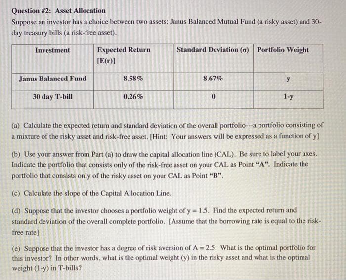 Question #2: Asset Allocation
Suppose an investor has a choice between two assets: Janus Balanced Mutual Fund (a risky asset) and 30-
day treasury bills (a risk-free asset).
Investment
Expected Return
Standard Deviation (6) Portfolio Weight
[E(r)]
Janus Balanced Fund
8.58%
8.67%
30 day T-bill
0.26%
1-y
(a) Calculate the expected return and standard deviation of the overall portfolio---a portfolio consisting of
a mixture of the risky asset and risk-free asset. [Hint: Your answers will be expressed as a function of y]
(b) Use your answer from Part (a) to draw the capital allocation line (CAL). Be sure to label your axes.
Indicate the portfolio that consists only of the risk-free asset on your CAL as Point "A". Indicate the
portfolio that consists only of the risky asset on your CAL as Point "B".
(c) Calculate the slope of the Capital Allocation Line.
(d) Suppose that the investor chooses a portfolio weight of y = 1.5. Find the expected return and
standard deviation of the overall complete portfolio. [Assume that the borrowing rate is equal to the risk-
free rate]
(e) Suppose that the investor has a degree of risk aversion of A 2.5. What is the optimal portfolio for
this investor? In other words, what is the optimal weight (y) in the risky asset and what is the optimal
weight (1-y) in T-bills?
