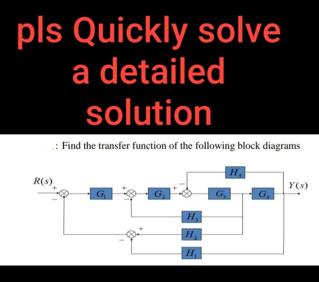 pls Quickly solve
a detailed
solution
.: Find the transfer function of the following block diagrams
R(s)
G₁
+
G₂
+
H₂
H₂
H₁
G₂
HA
G₁
Y(s)